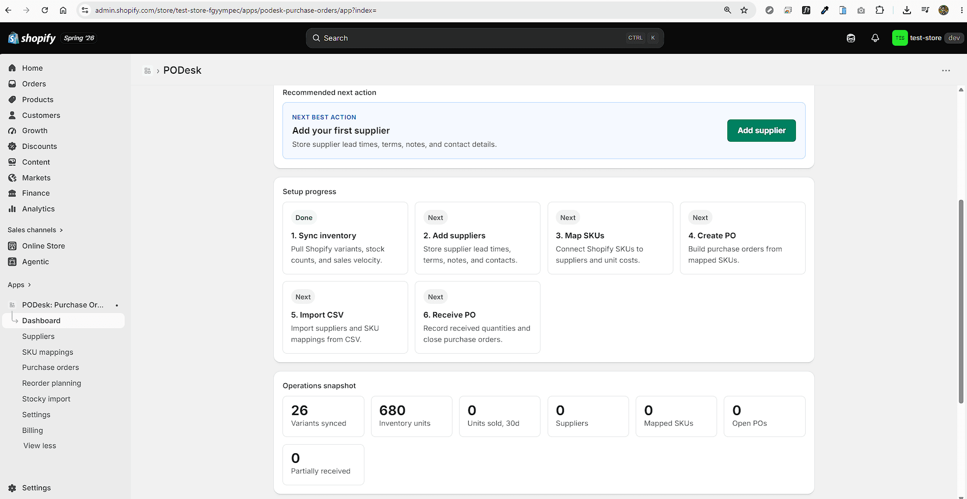 PODesk purchase order dashboard showing supplier list and reorder status