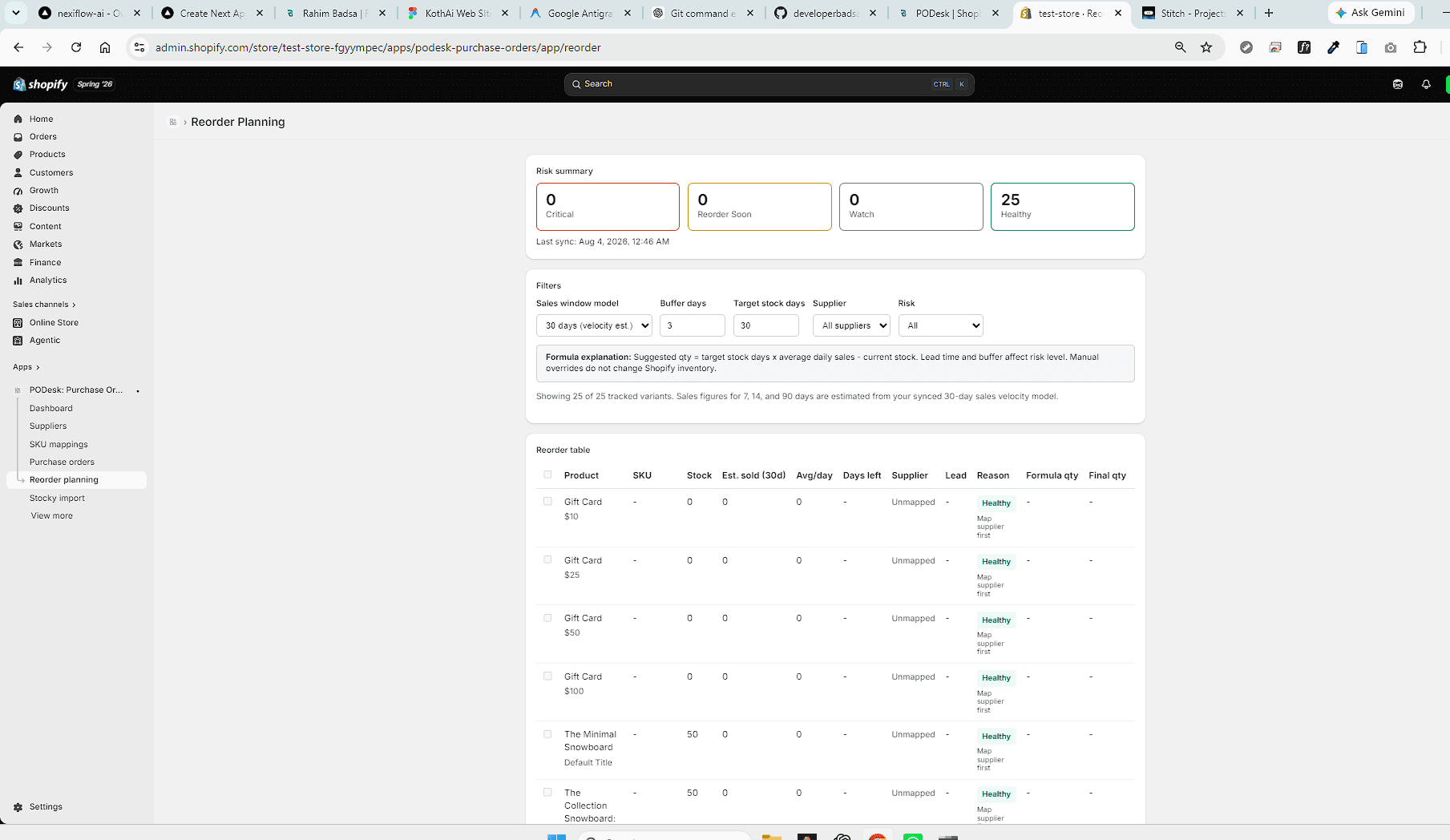 PODesk reorder planning screen showing daily sales velocity and stockout warnings