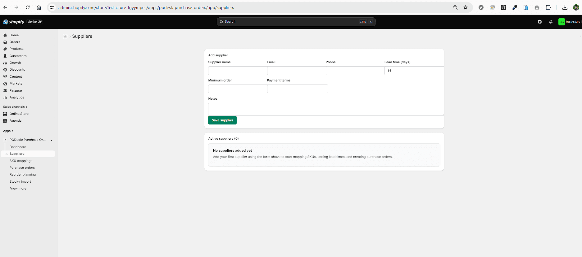 PODesk supplier database screen showing vendor lead times and payment terms